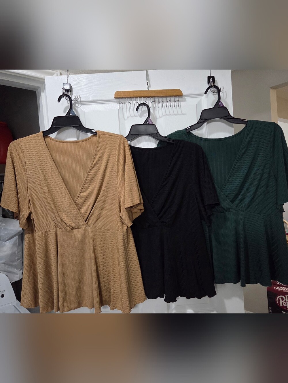 SHEIN Ribbed V-Neck Peplum Top in Camel, Black, and Forest Green